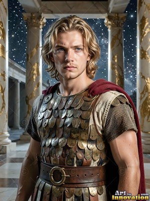 A blond young man in bronze scale armor stands before marble pillars under a starry night sky