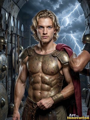 A young man with blond hair in a bronze cuirass stands under stone arches before pale lightning