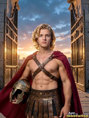 Standing straight before open iron gates, a man with blond hair holds a helmet at sunset