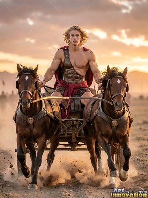 A muscular blond-haired man in armor rides a chariot pulled by two brown horses across a dusty plain