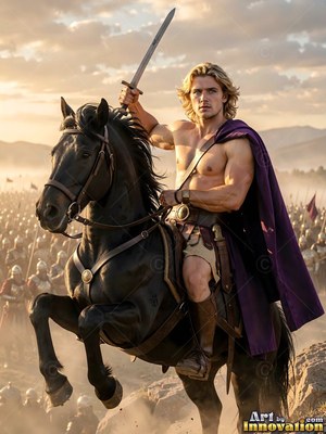 On a dusty battlefield, a man in a purple cloak raises a sword atop a rearing black horse