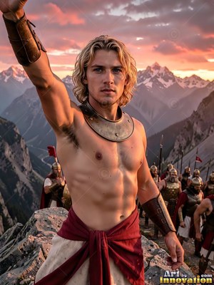 Raising one arm, a bare-chested blond man stands before soldiers on a mountain peak