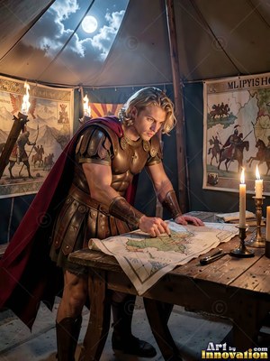 A blond bronze-armored man studies a map inside a tent