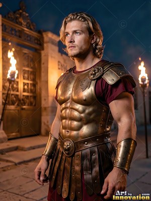 A sculpted bronze breastplate covers a blond young adult man standing near flaming torches by stone gates