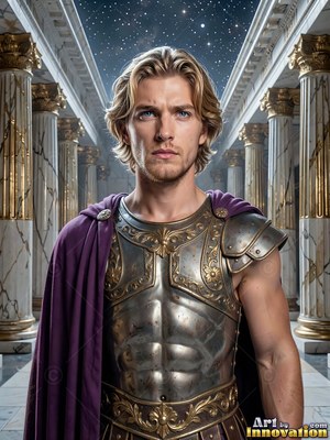 A young blond standing man in breastplate armor beneath a dark starry sky