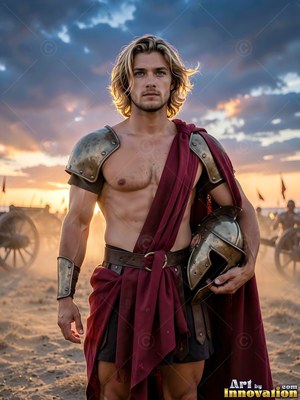Standing shirtless on a dusty field, a man holds a bronze helmet at his side