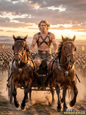 A blond man drives a chariot with two brown horses before an army at sunset