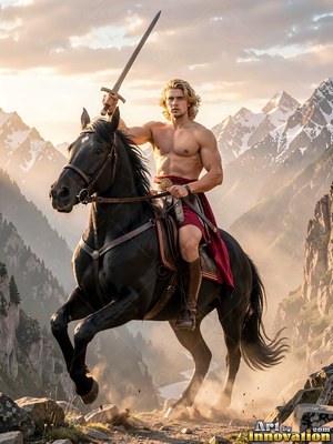 On a mountain trail, a shirtless man raises a sword atop a rearing black horse
