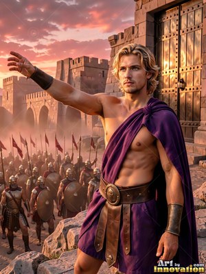 Reaching outward, a young blond man in a purple cloak commands his soldiers at dusk