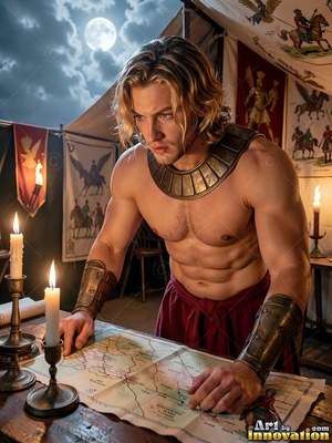 A shirtless man with blond hair studies a map by candlelight in a tent