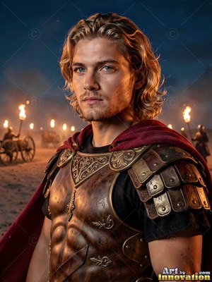 Wearing a bronze breastplate, a blond man stands in a dark army camp lit by torches
