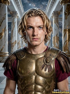 A blond young man stands standing wearing a bronze breastplate under a night sky with marble pillars