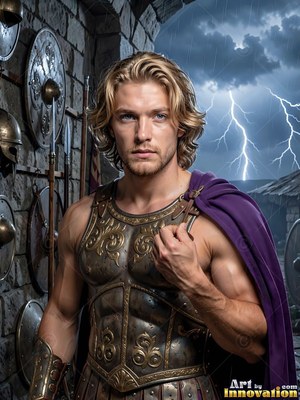 Facing forward in an armory, a blond man wears bronze armor and a purple cloak