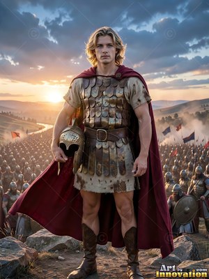 A blond-haired man clad in bronze armor and a red cape stands before an army at sunset
