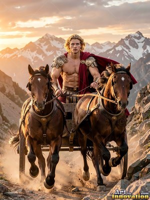 On a mountain pass, a man in his youth in a red cape rides a chariot behind two brown horses