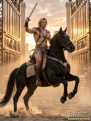 Raising a sword, a bare-chested young man rears a black horse before open gates