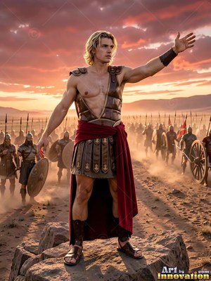 A youthful man in leather armor raises one arm before an army at sunset