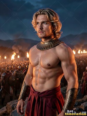 A shirtless young man is standing before an army, lit by warm torchlight