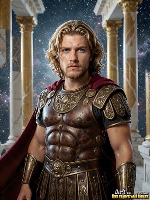 Facing forward, a fair-haired man in bronze armor stands among marble pillars