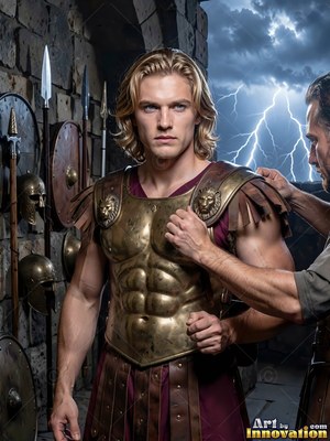 A blond bronze-armored man is standing still as he gets strapped in before a storm