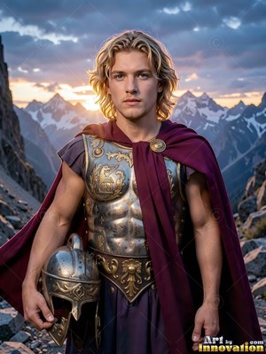 In the mountains, a blond young standing man in a bronze cuirass and purple cape