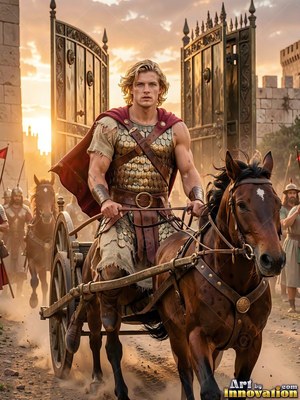 Riding a chariot through open gates, a blond man wears bronze armor and a red cape