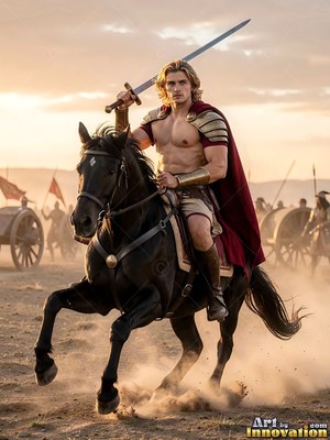 A man rides a black horse with a sword raised high