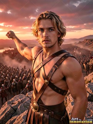 Leather harness straps cross the chest of a blond-haired man standing over his army at sunset
