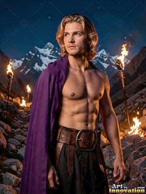 Standing shirtless in a rocky mountain pass, a fair-haired man wears a purple cloak