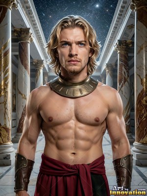 A shirtless fair-haired man in a gold collar stands inside marble columns under stars