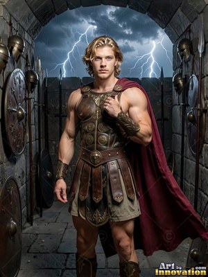 Under a stormy sky, a light-haired man stands in bronze armor and a red cape