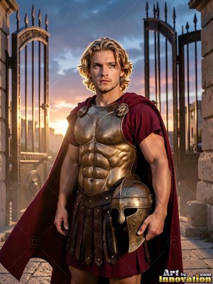 Standing before open gates at sunset, a youthful man holds a helmet in a bronze cuirass and red cape
