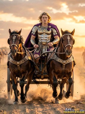 A blond-haired man wearing bronze armor drives a two-horse chariot at sunset