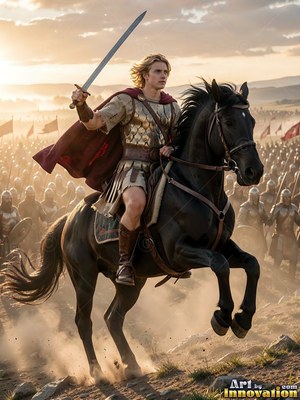 A red cape trails behind a blond man raising a sword on a rearing black horse before an army on a dusty field