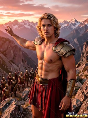 A blond youthful man points outward on a rocky mountain under a pink sunset sky