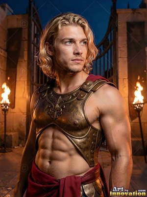 A blond-haired man in a bronze chest plate stands outdoors at night near burning torches