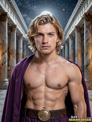 Under marble columns, a blond shirtless man stands wearing a purple cloak