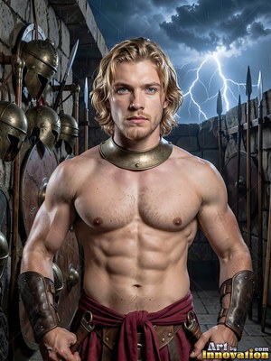 Standing shirtless, a muscular blond man in a bronze collar faces lightning