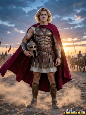 A blond young adult man in a bronze cuirass and red cape on a dusty field