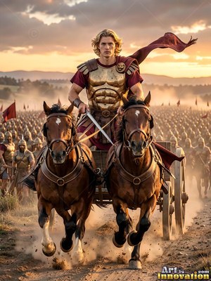 In a bronze cuirass, a youthful man rides a two-horse chariot across a dry field before an army