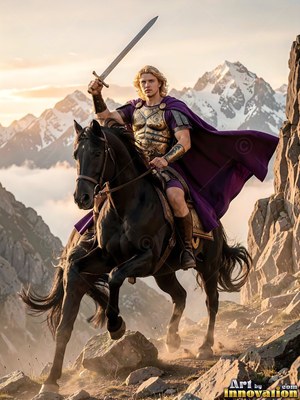 A man raises a sword from a black horse, his purple cape spread in the morning sun