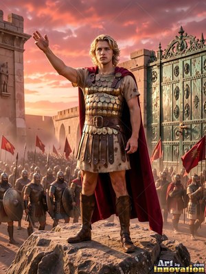 Standing on a rock before stone city gates, a young man raises his arm to his army
