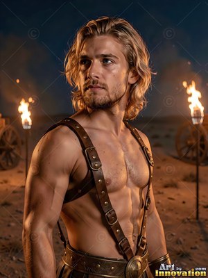 In a night camp with torches, a bare-chested blond standing man in leather straps