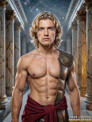 Standing between marble pillars, a blond man wears bronze armor over one shoulder