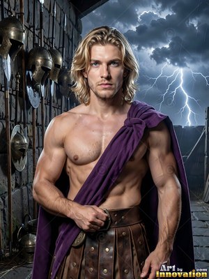 Shirtless man with blond hair in a purple cloak before lightning