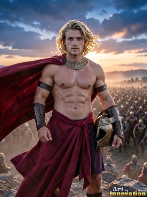 A crimson cloak billows behind a shirtless man with blond hair standing before his army at sunset