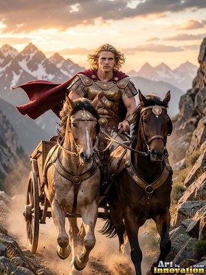 A man in his youth drives a two-horse chariot down a mountain trail in warm sunset light