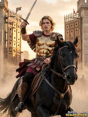 Riding a black horse outside city gates, a youthful man raises a sword