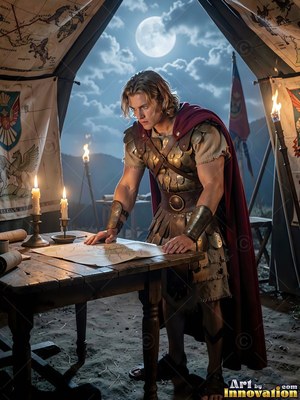A young light-haired man in armor and a red cape leans over a map inside a candlelit tent