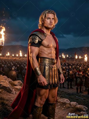 Before an army at dusk, a man with blond hair stands in bronze armor and a red cape